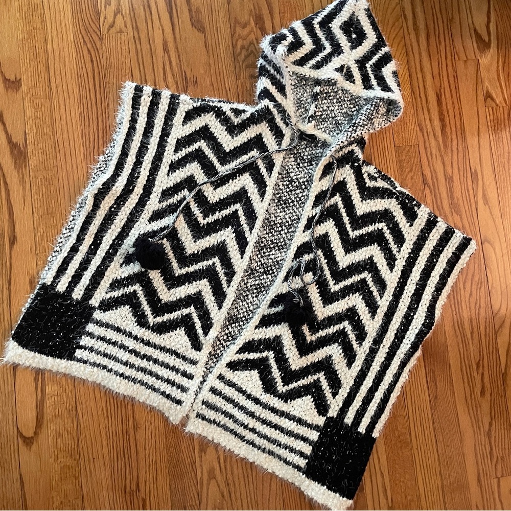 Open Front Hooded Poncho Sweater